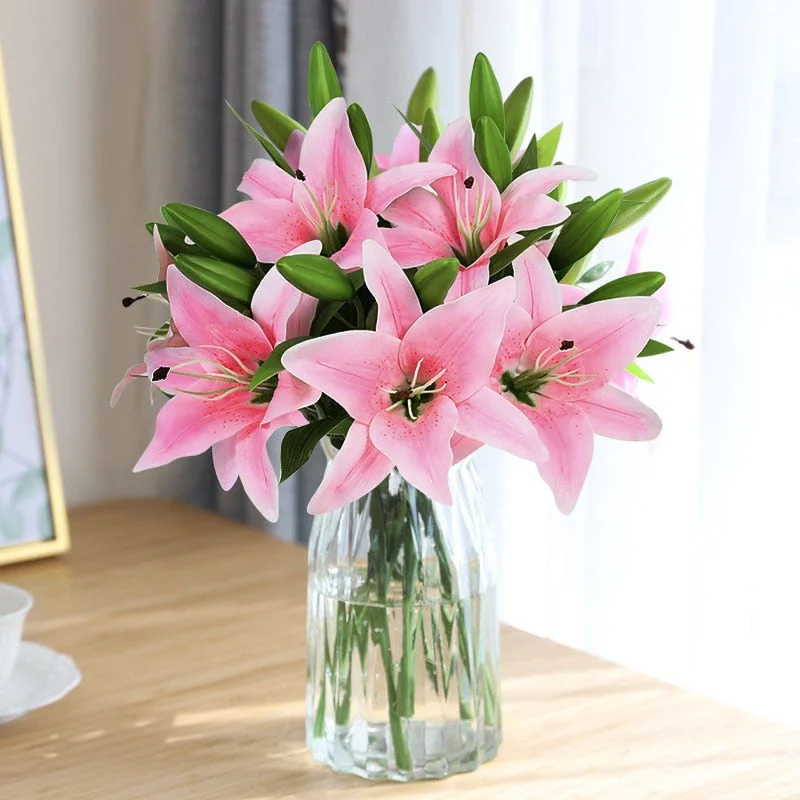 5Pcs 38cm White Lily Artificial Flowers Party Wedding Bridal Bouquet Fake Plant for Living Room Home Garen Decoration Real Touch