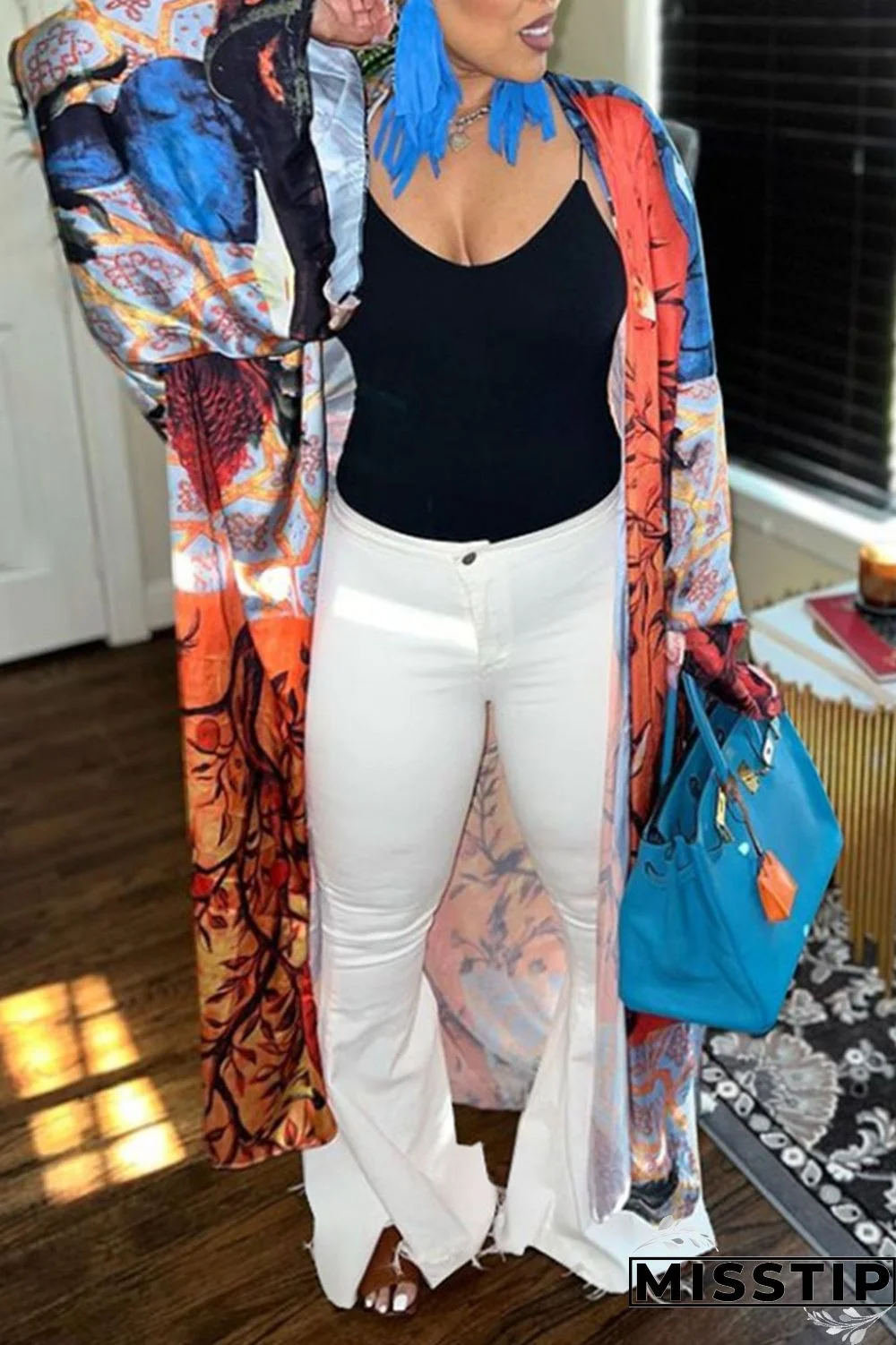 Red Fashion Casual Print Patchwork Outerwear(Without Belt)