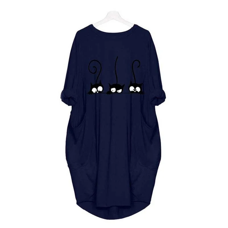 Autumn Dress Women Fashion Cat Print O Neck Long Sleeve Loose Elegant Party Ladies Dresses Plus Size Casual Midi Dress Vestidos