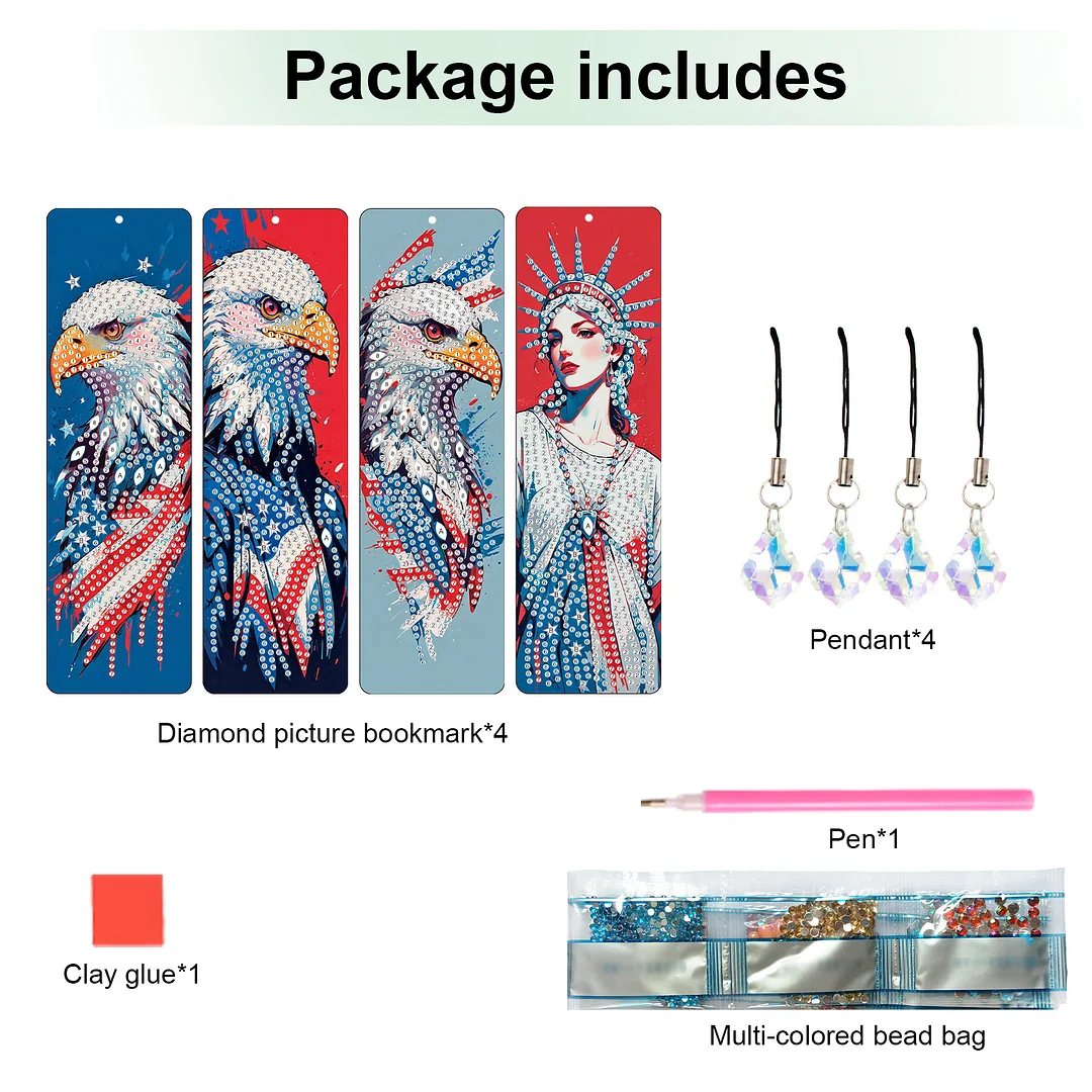 4Pcs Statue of Liberty and Eagle DIY Diamond Bookmark Art Projects Irregular Shaped Diamonds Diamond Painting Art Bookmarks with Crystal Pendants for DIY Making Beginners Adult Art Craft Supplies