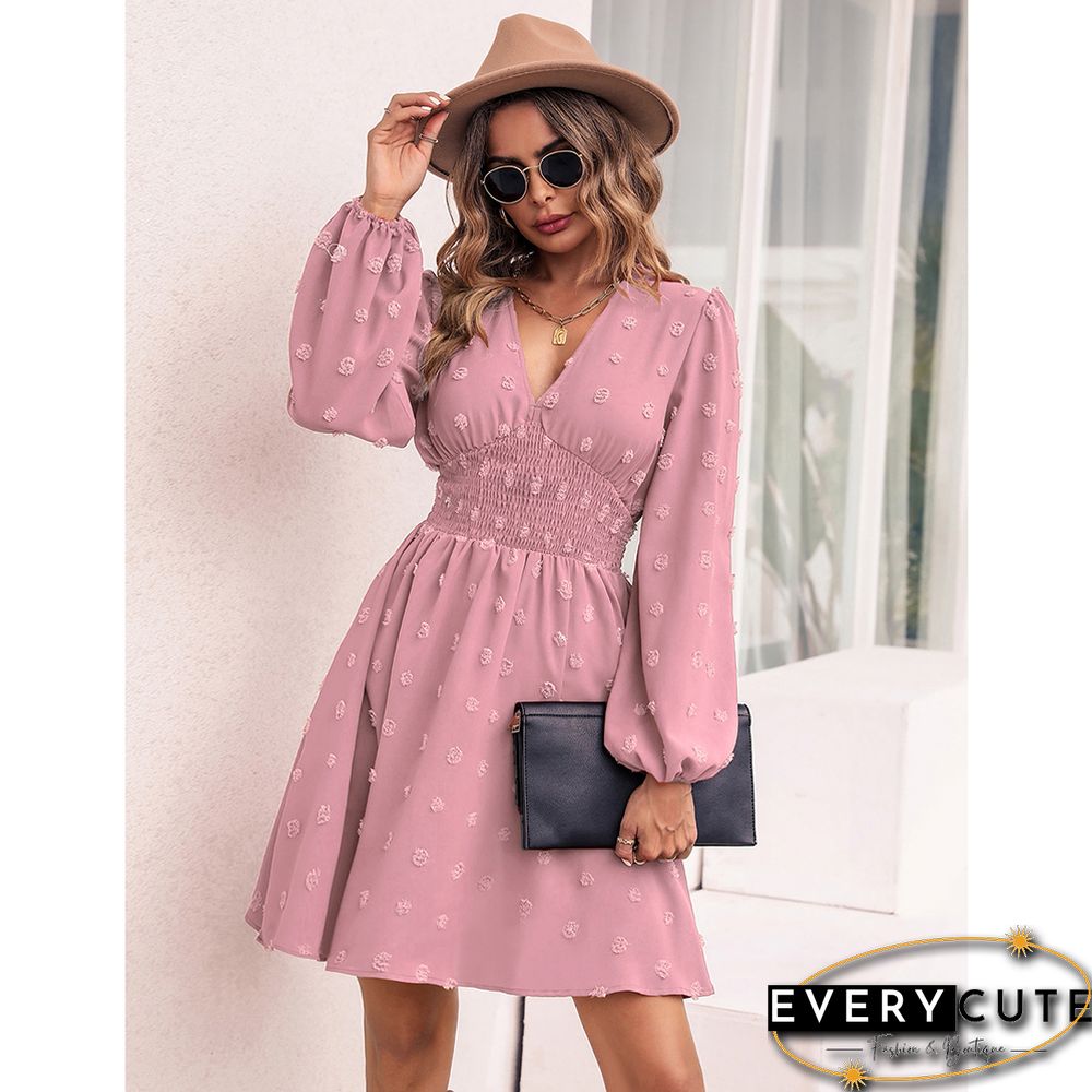 Pink Jacquard Slim Fit A-line Long Sleeve Dress