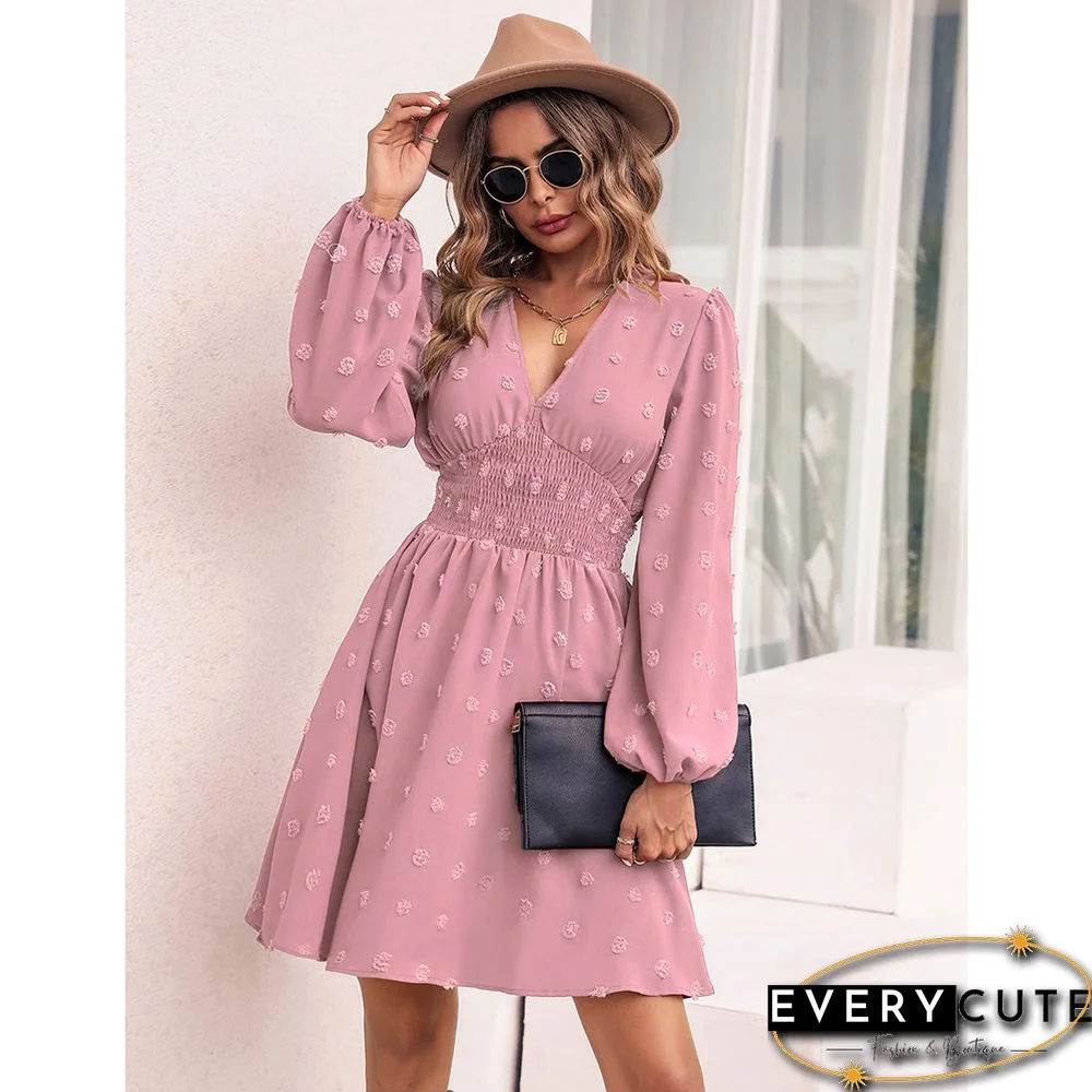 Pink Jacquard Slim Fit A-line Long Sleeve Dress