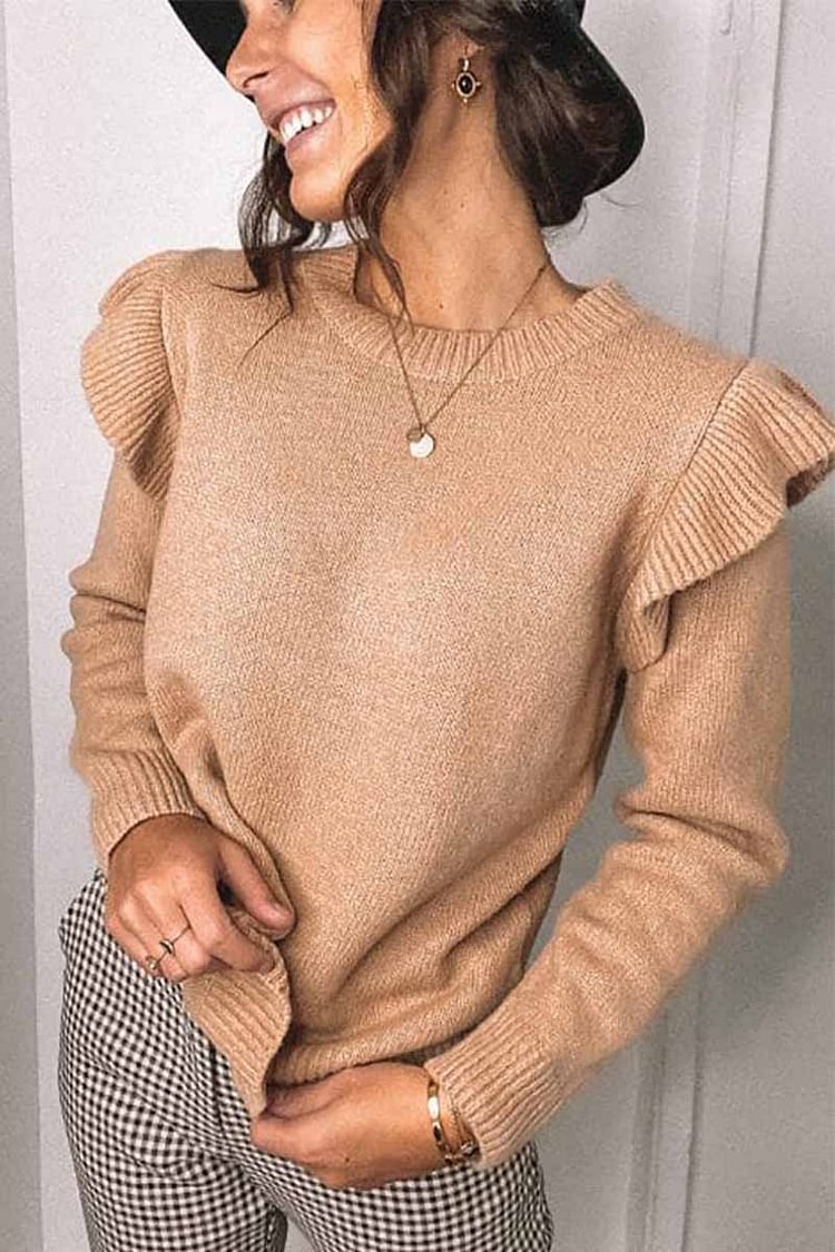 Solid Color Ruffle Knitted Sweater