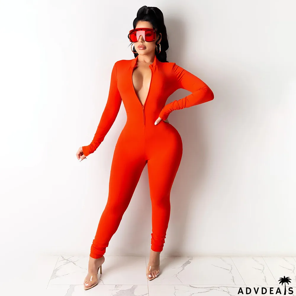 Solid Long Sleeve Zipper Slim Jumpsuit