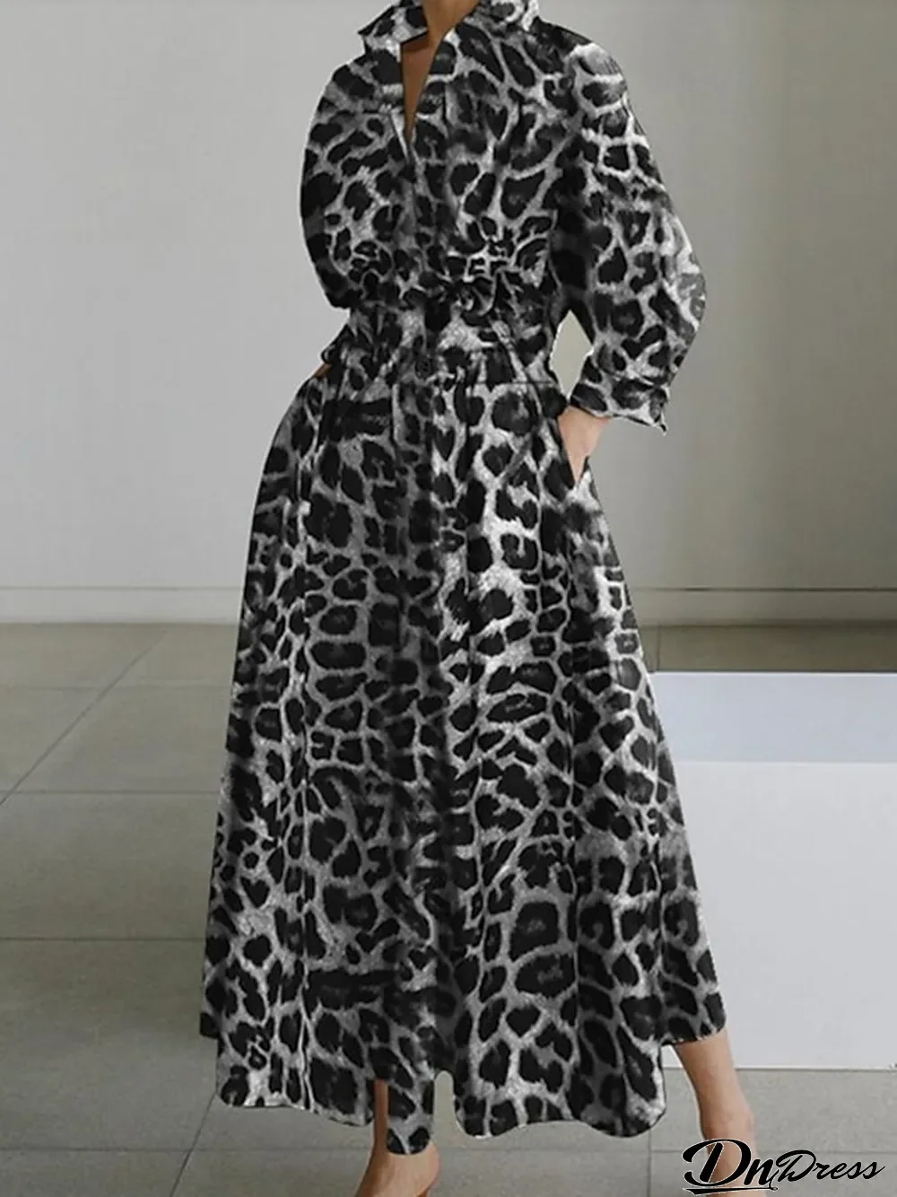 Women's Shirt Dress Swing Dress Maxi long Dress Outdoor Winter Dress Daily Polyester Modern Formal Shirt Collar Ruched Pocket Long Sleeve Summer Spring Fall Regular Fit Brown Khaki Gray Leopard
