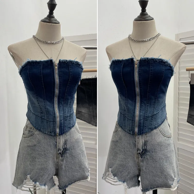 Nigikala Nigikala Shooting 2025 Spring And Summer New Trend Hair Edge Gradient Design Brush Denim Zipper Shirt Vest 2701