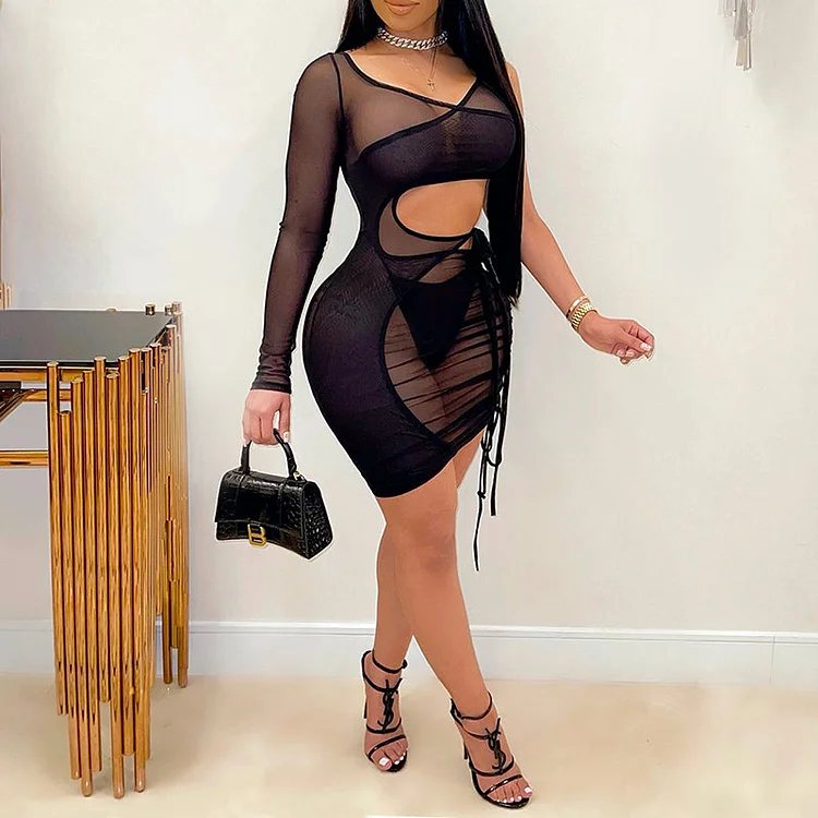Sheer Mesh One Shoulder Hollow Out Bodycon Mini Dress - IRBOOM Fashion Clothing