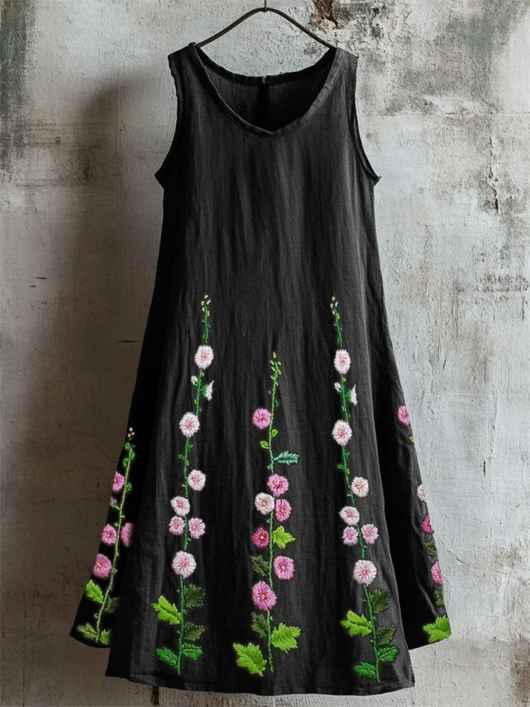 Simpfit Edles Nachahmung aus Baumwolle und Leinen Kleid mit floraler RankenDrucken
