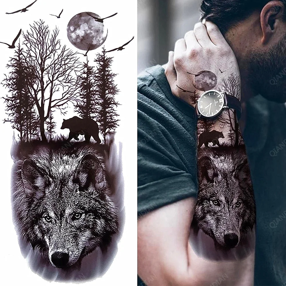 1pc Lion Men Waterproof Temporary Tattoos Fake Stickers Arm Hand Cool Art Black Transfer Clock