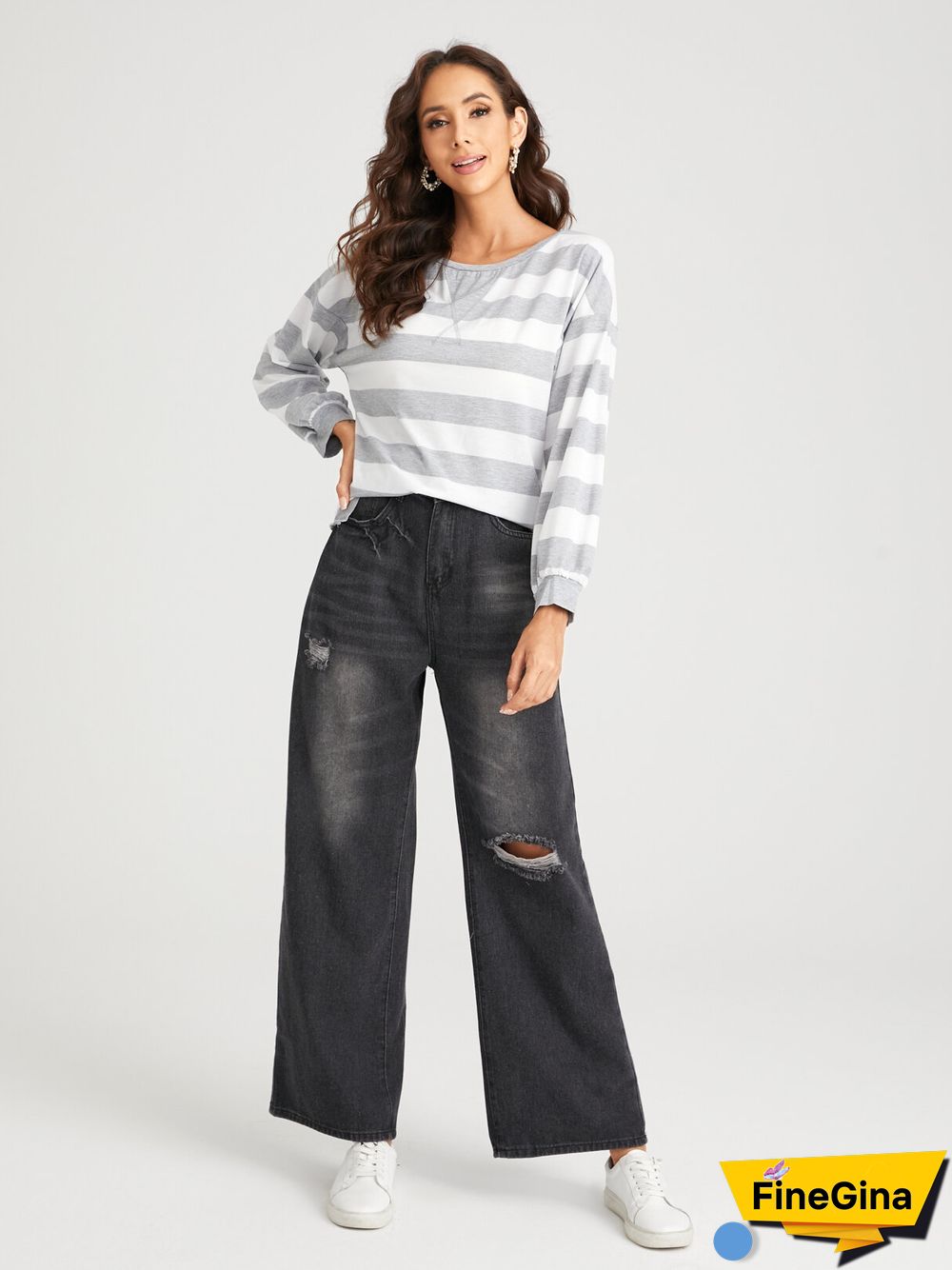 Ripped Faded Effect Washed Zipper Fly Wide Leg Jeans