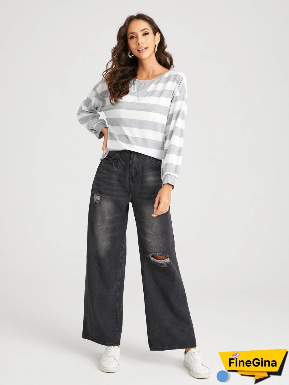 Ripped Faded Effect Washed Zipper Fly Wide Leg Jeans