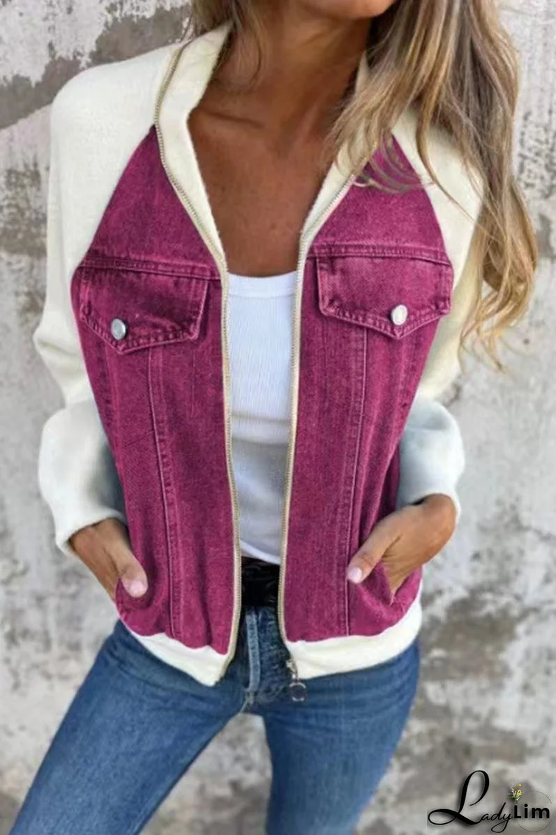 Casual Solid Color Patchwork Zipper Contrast Turndown Collar Outerwear(8 Colors)