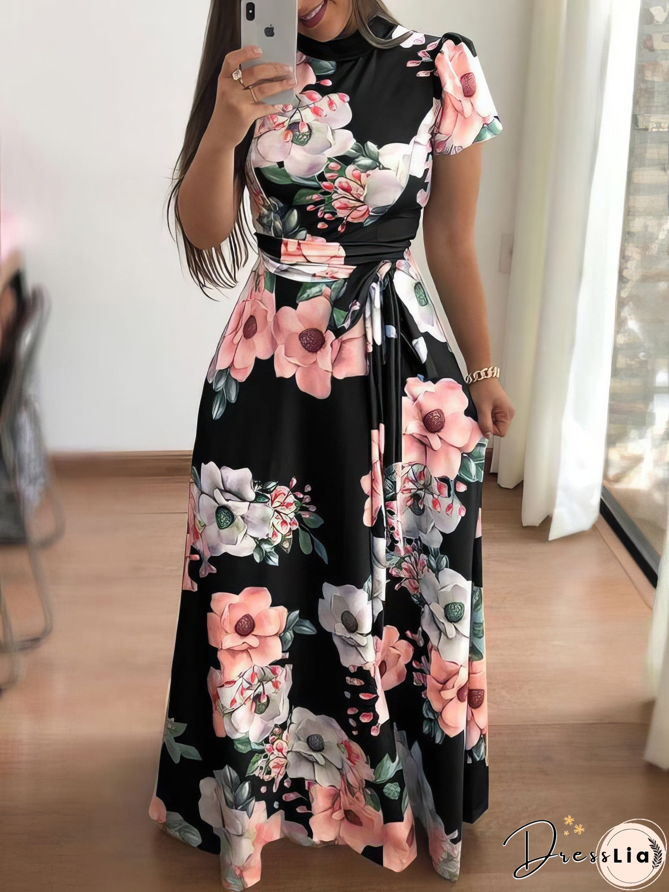 High Neck Floral Print Tie Long Sleeve Dress