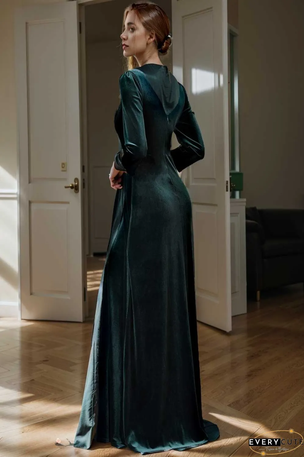 velvet 3 4 length sleeve illusion v neck front slit evening dress