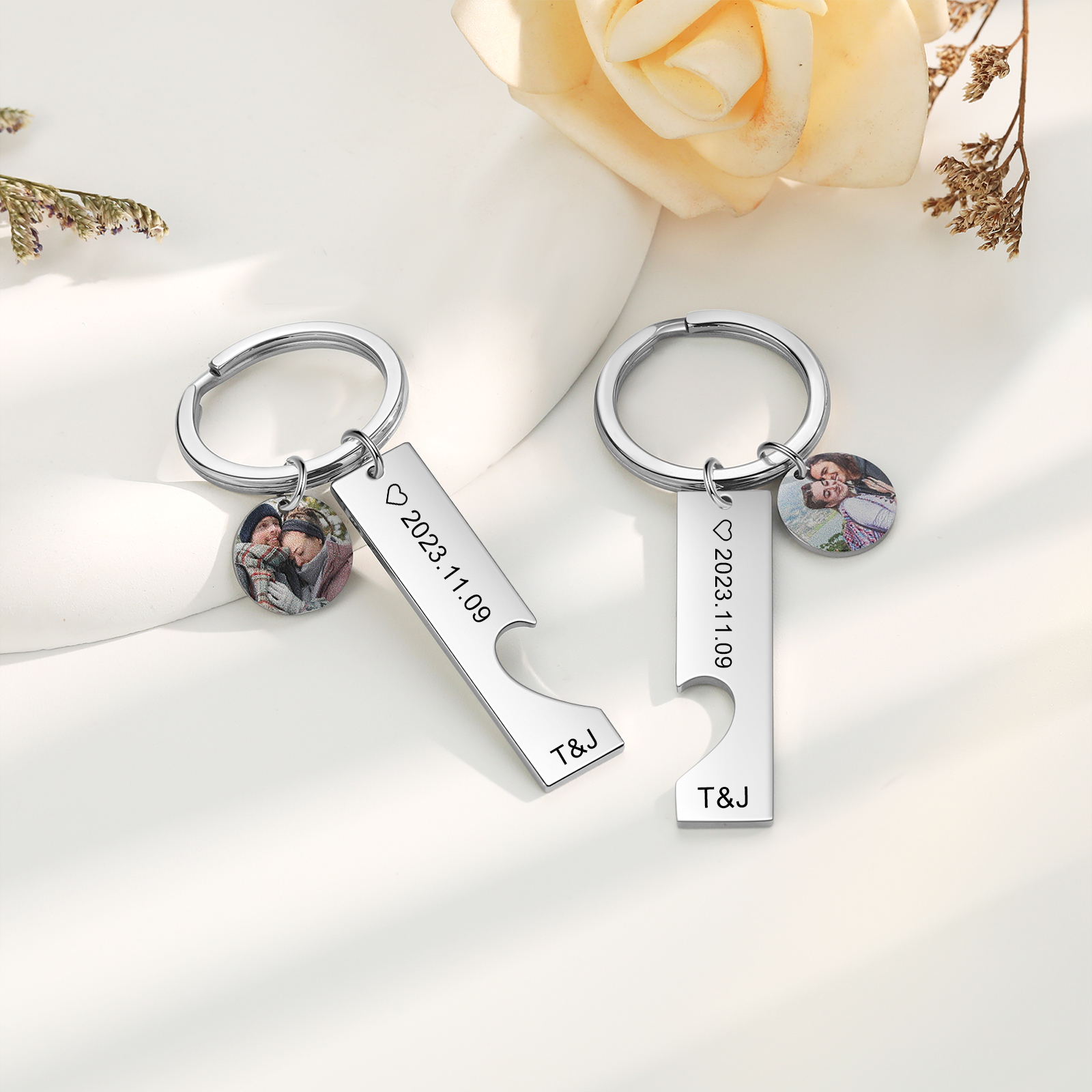 Personalised Couple Keychain Custom 2 Names & 2 Dates & 2 Photos Keyring Matching Couple Gifts Valentine's Day Gift for Him/Her-Jessemade AU