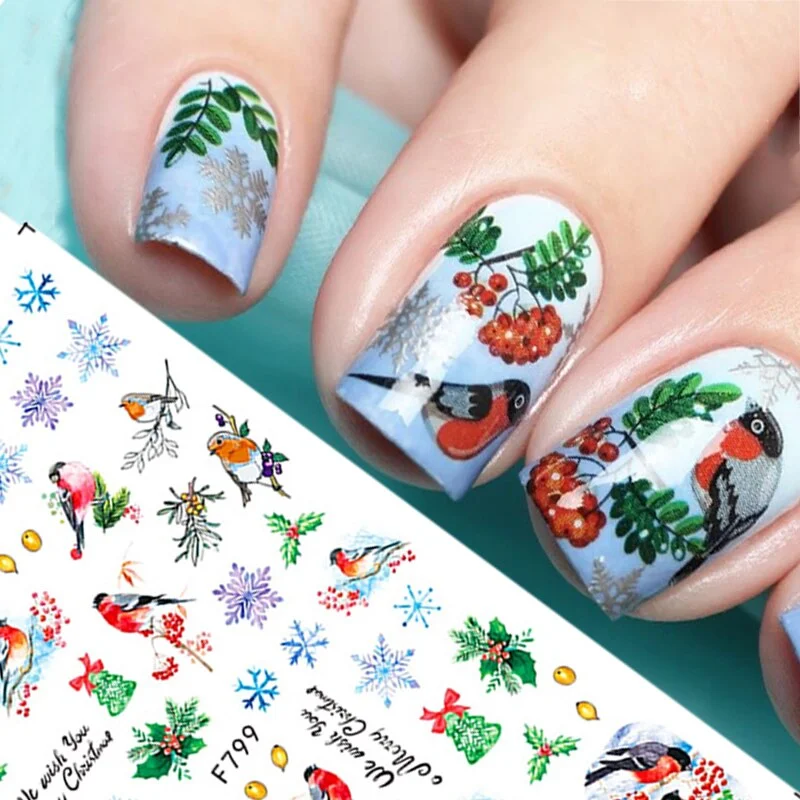 3D Winter Christmas Nail Design Snowflake Bird Leaf New Year Slider Nail Stickers Manicure Colorful Decals Decoration F792-F801