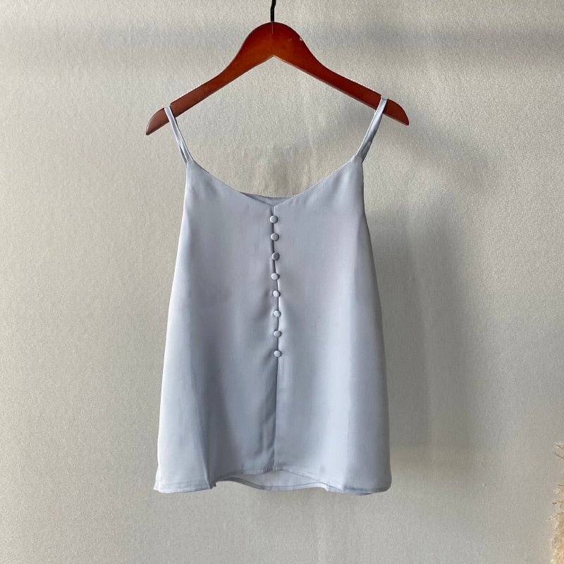Lizkova Satin Festival Tops Spring Summer 2021 Women V-neck Sleeveless Casual Camisole Button Design Soft Femme Haut