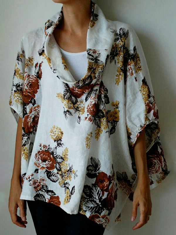 Loose Flower Print Cotton Linen Blouses