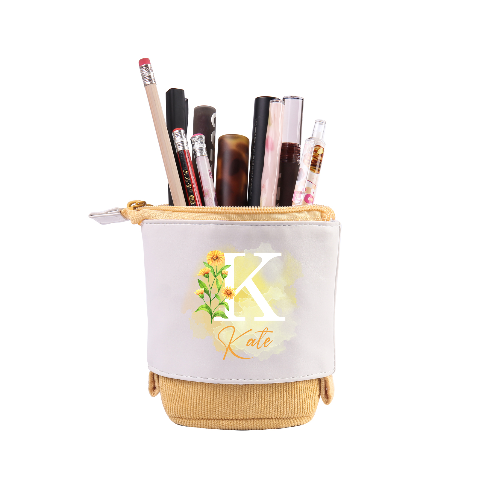 Astuccio per matite personalizzato con 1 nome e 1 lettera e 1 fiore di nascita regalo per scuola elementare bambini