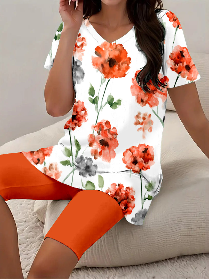 Women Long Sleeve V-neck Graphic Floral Printed Top