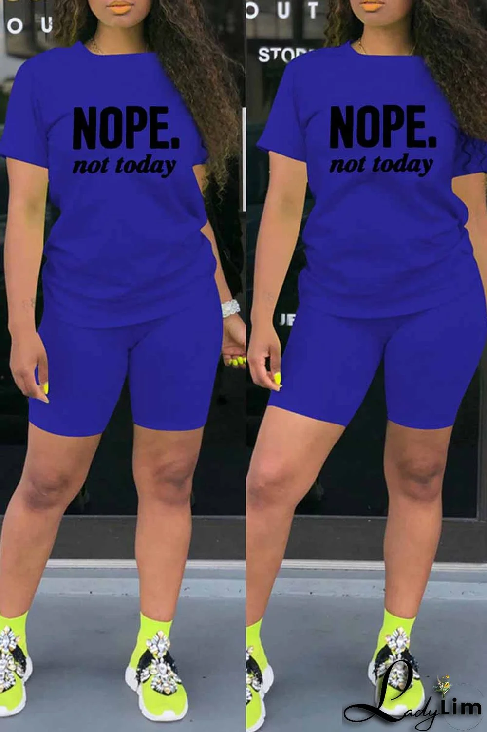 Royal Blue Fashion Casual Letter Print Basic O Neck Short Sleeve Two Pieces