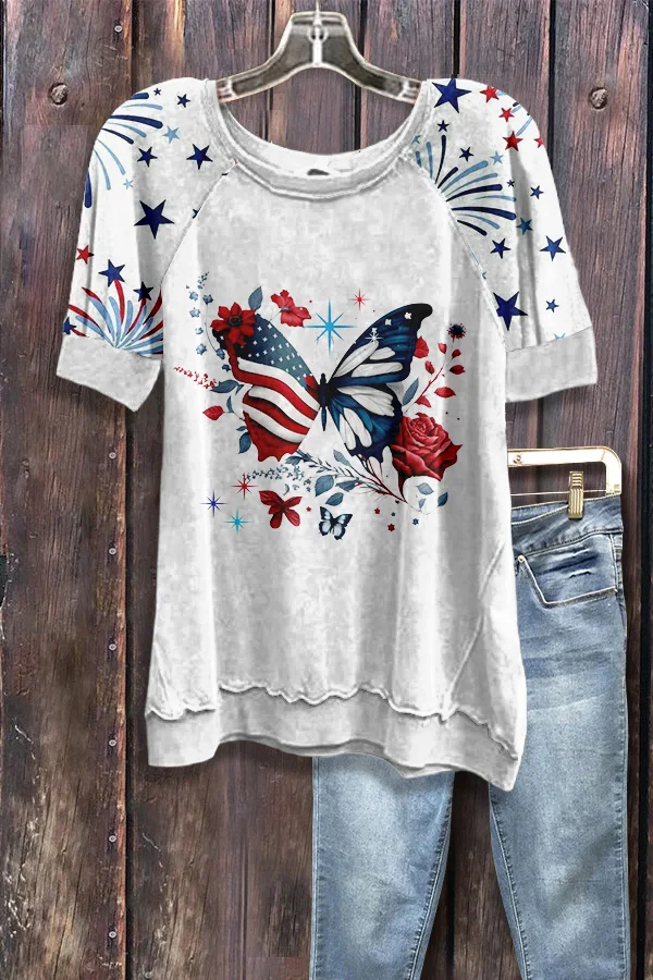 Chic Patriotic Print Short Sleeve Sweatshrit