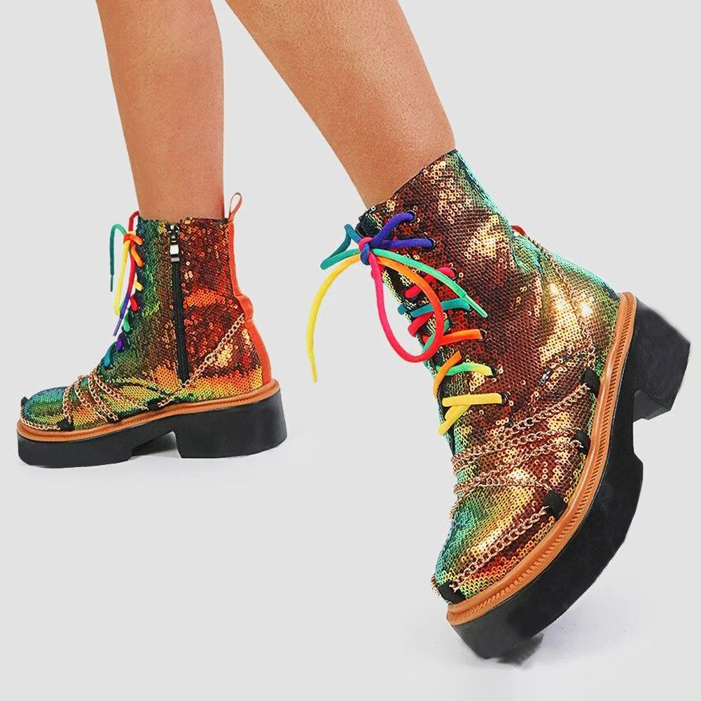 Multicolor Round Toe Boots Sequins Chunky Heel Ankle Boots