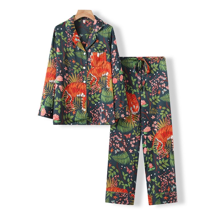 Women's New trends Print Comfortable Lapel Cotton Satin Sleepwear suits
