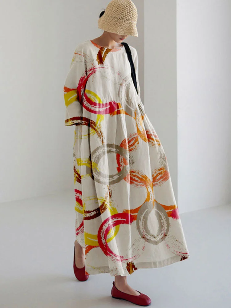 Women's Casual Colorful Circle Print Long Sleeve Midi Dress