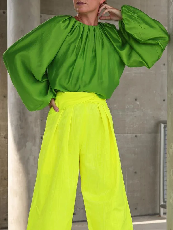 Contrast Color Round-Neck Puff Sleeves Blouse Top + Wide Leg Pants Two Pieces Set