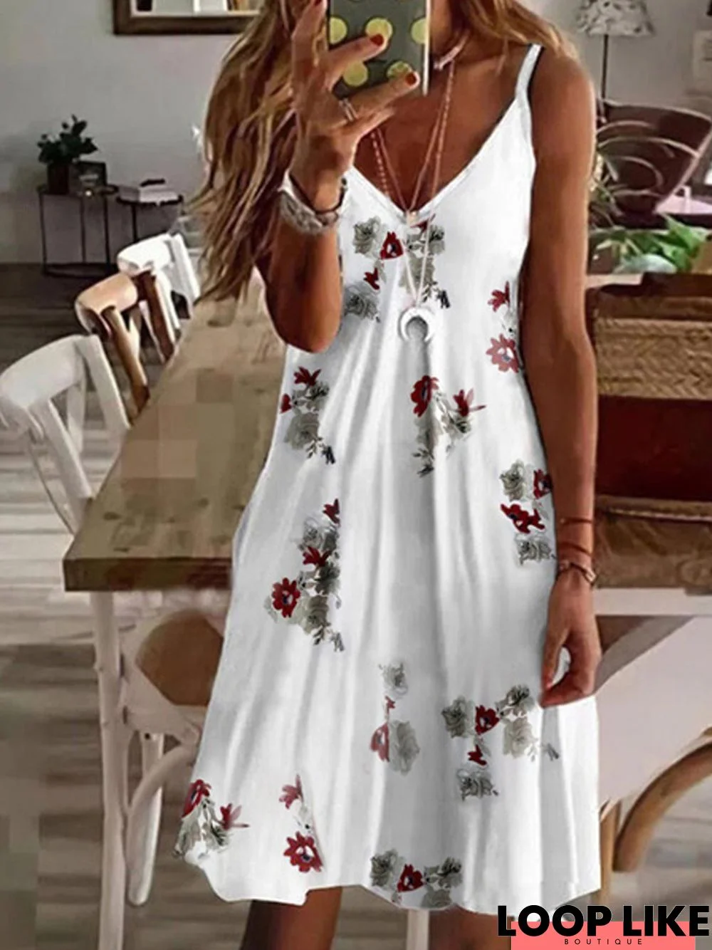 V-neck loose pineapple floral print suspender Dress Loosen Dress