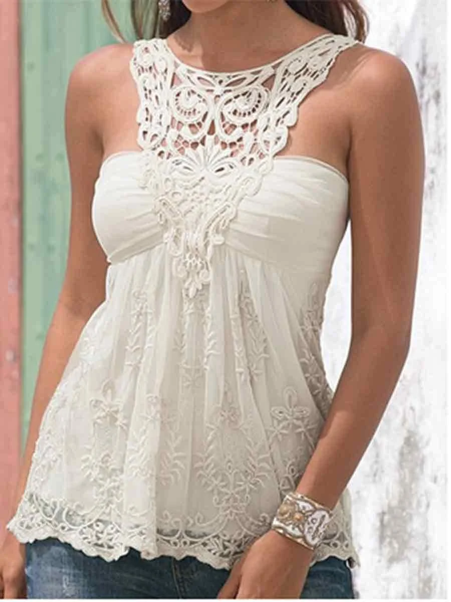 Halter Lace Splicing Solid Color Tank Top