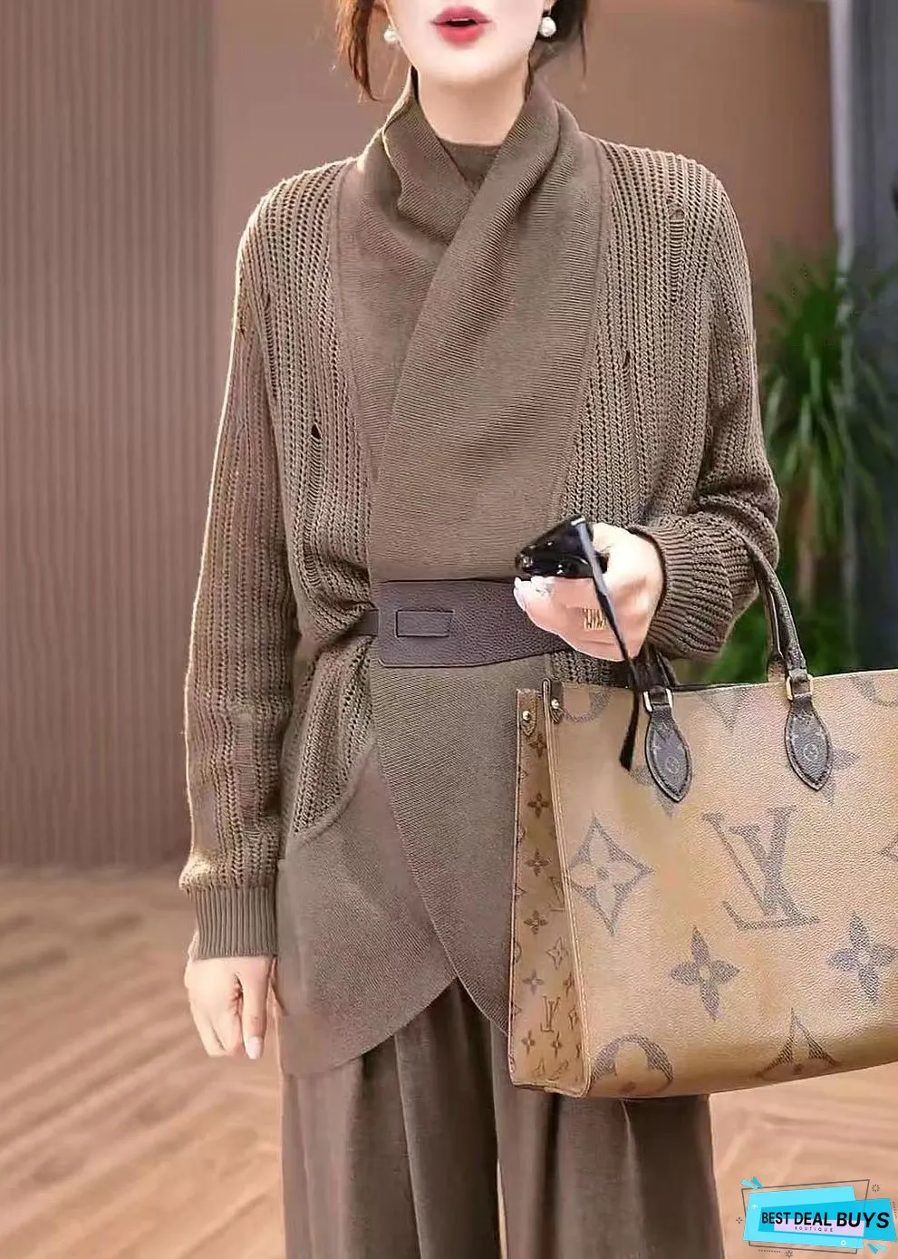 Vintage Coffee Hollow Out Solid Knit Cardigans Winter