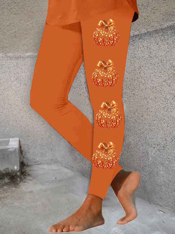 Women's Autumn Sequin Pumpkin Print Skinny High-Stretch Leggings 