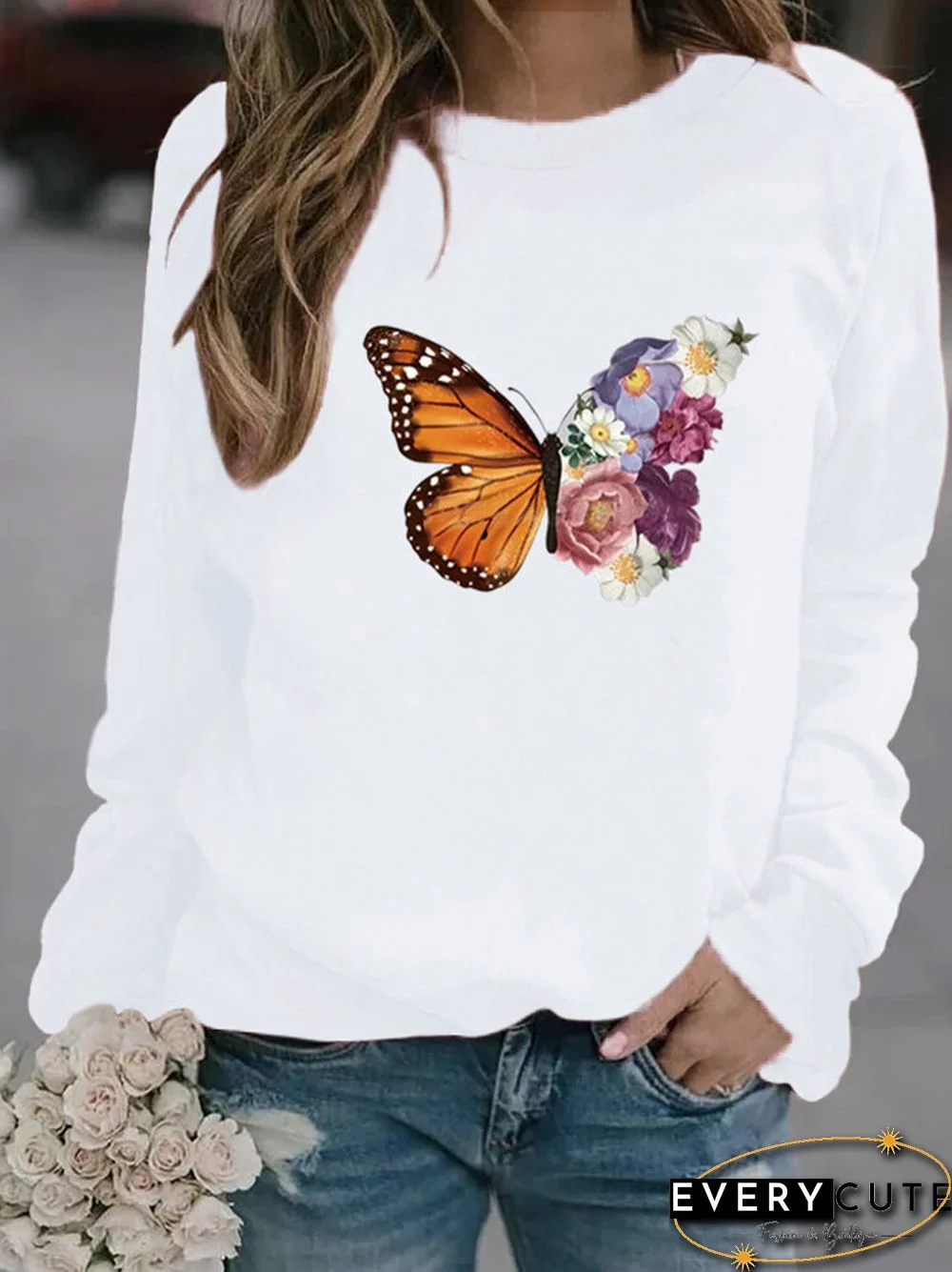 Flower Butterfly Print Long Sleeve Sweatshirt For Women