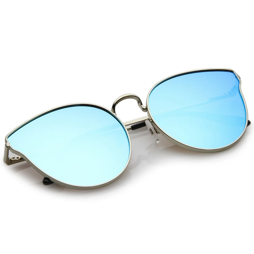 Premium Metal Cat Eye Sunglasse With Slim Arms And Round Colored Mirror Flat Lens 54mm