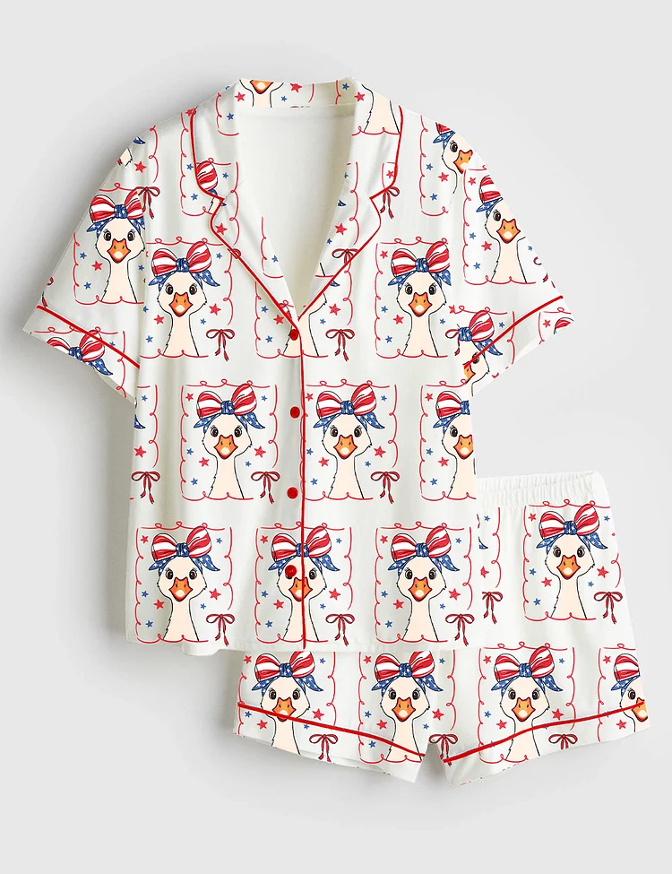 Women&rsquo;s 4th Of July Bows Goose America Coquette Print Short Sleeve Satin Pajama Set