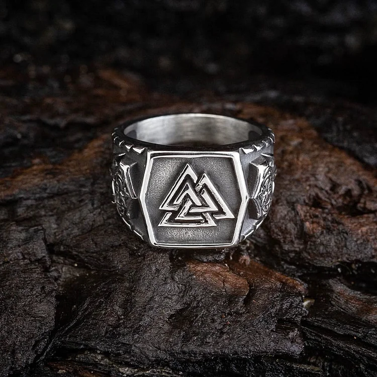 Coutureaura Men's Viking Valknut And Mjolnir Pattern Ring