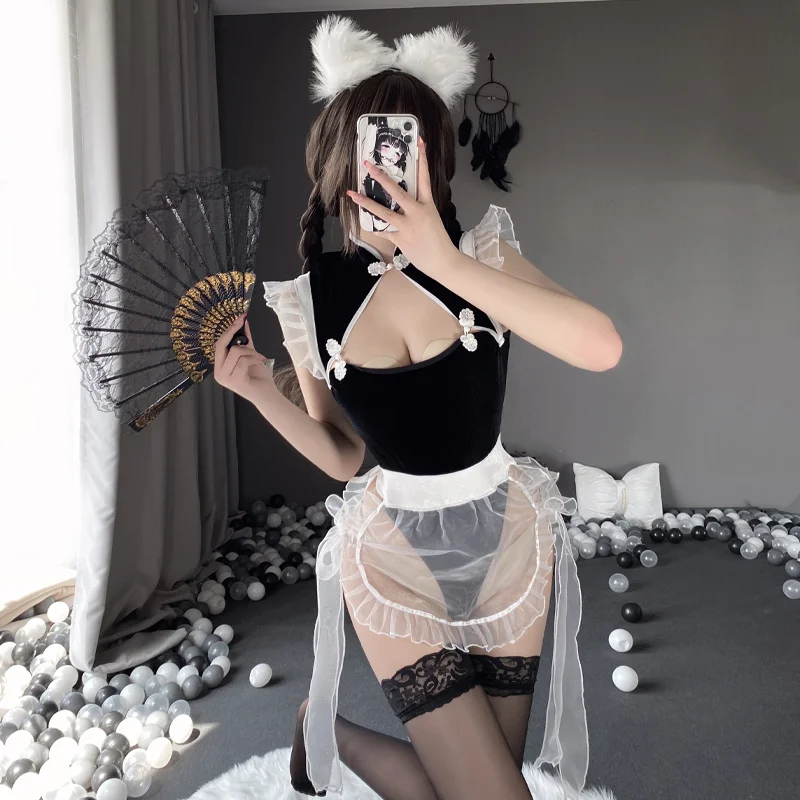 Billionm Women Sexy Mesh Cheongsam Lingerie Dress Traditional Qipao Anime Cosplay Open Chest Perspective Chemise Set Lingerie Nighty