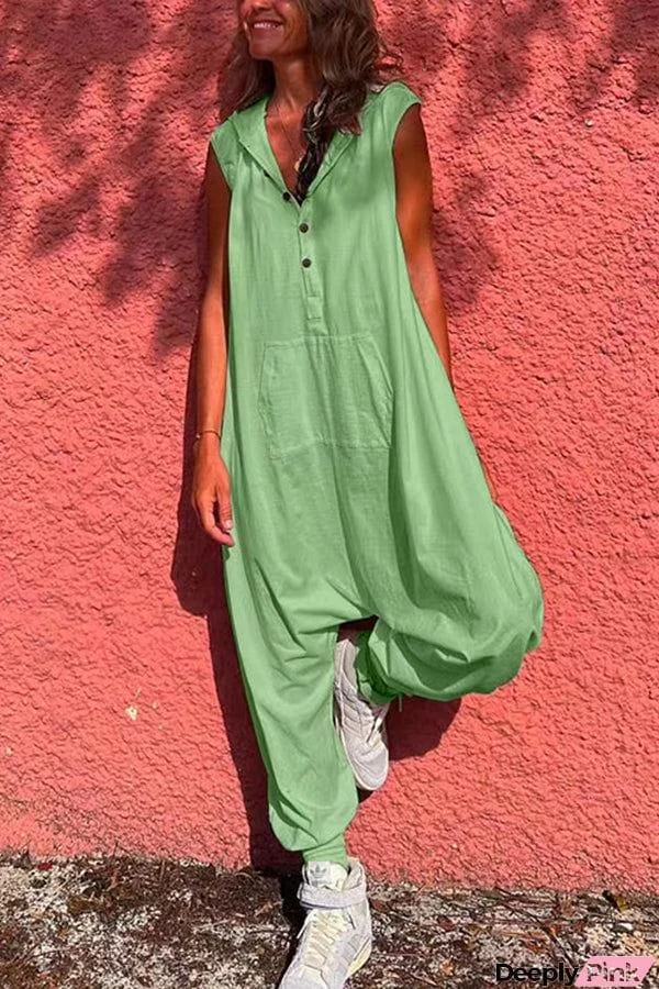 Button Down Hoodied Sleeveless Baggy Jumpsuit