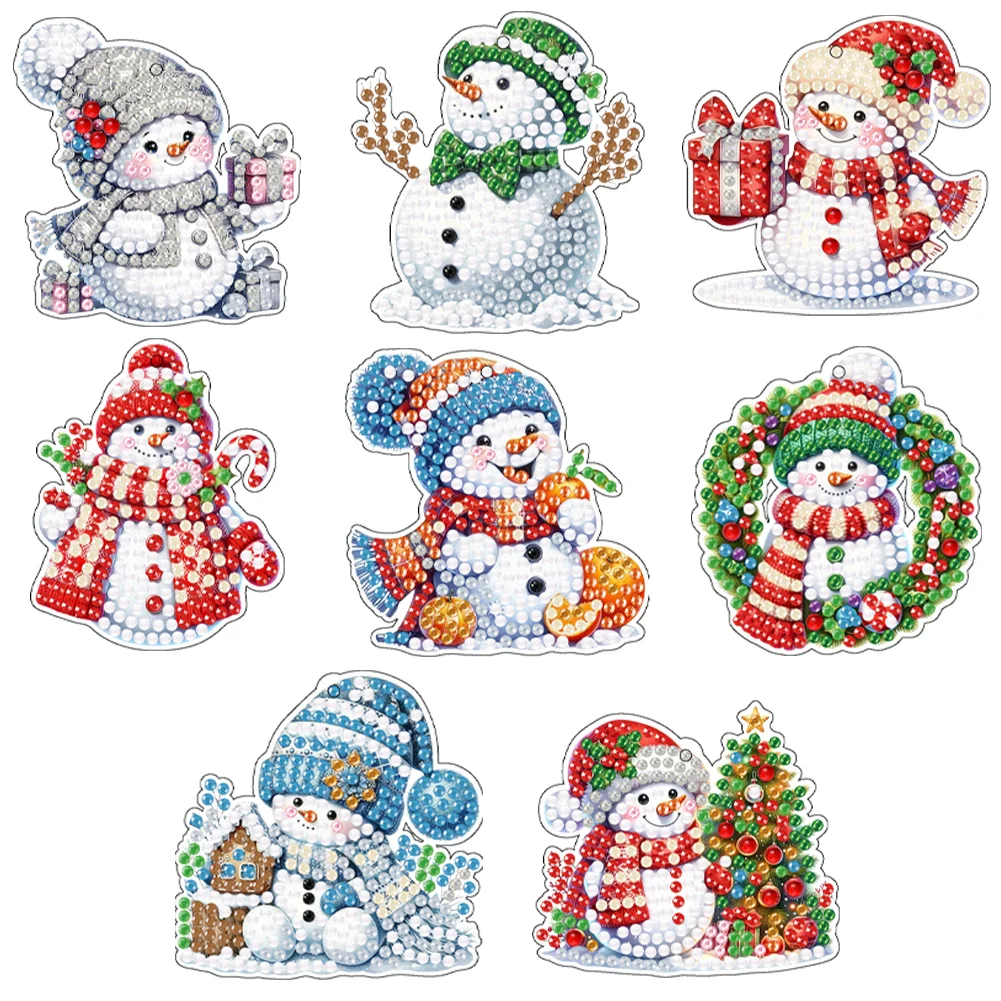 5D DIY 8Pcs Christmas Snowman Diamond Painting Christmas Tree Pendant for Xmas Tree 