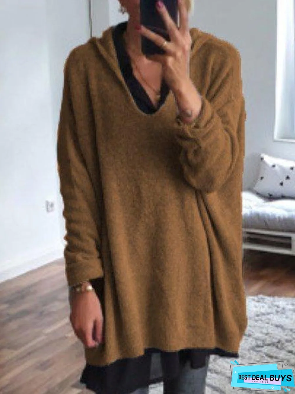Women Solid Color Wool Blend V Neck Shift Pullover Sweater