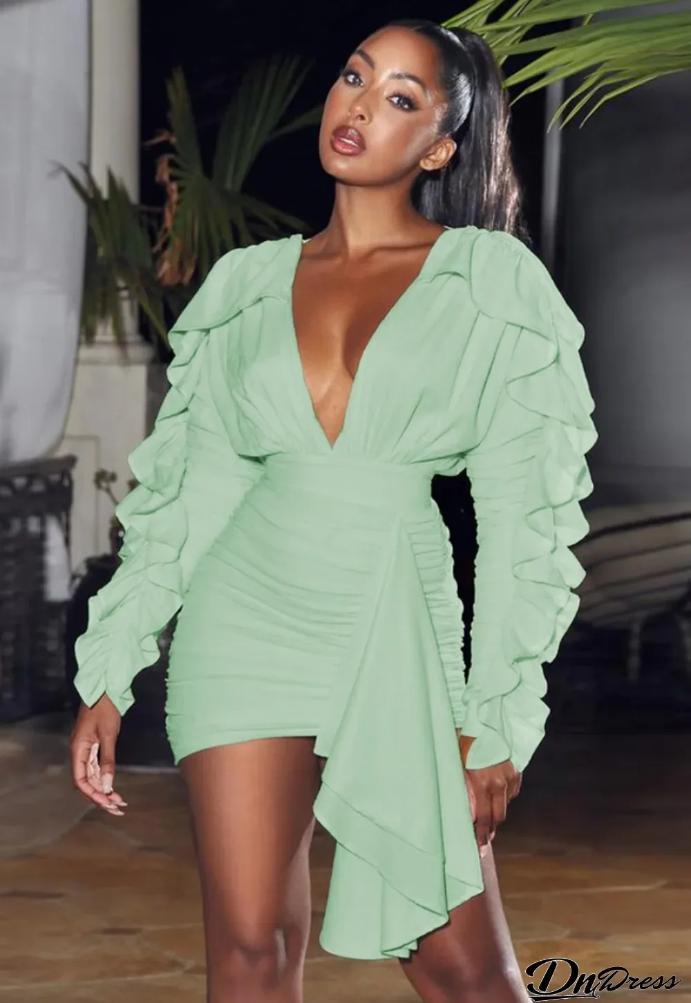 Spring Green Sexy Deep-V Long Sleeve Ruffles Ruched Mini Club Dress