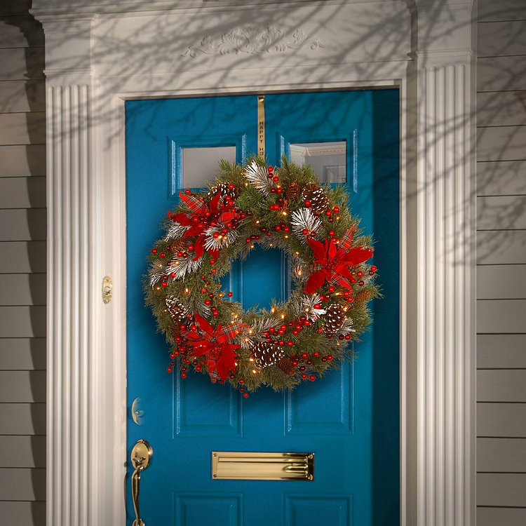 🔥kukelife🔥30" Pre-Lit Decorative Collection Cones, Red Berries & Poinsettias Tartan Plaid Wreath With Warm White LED Lights