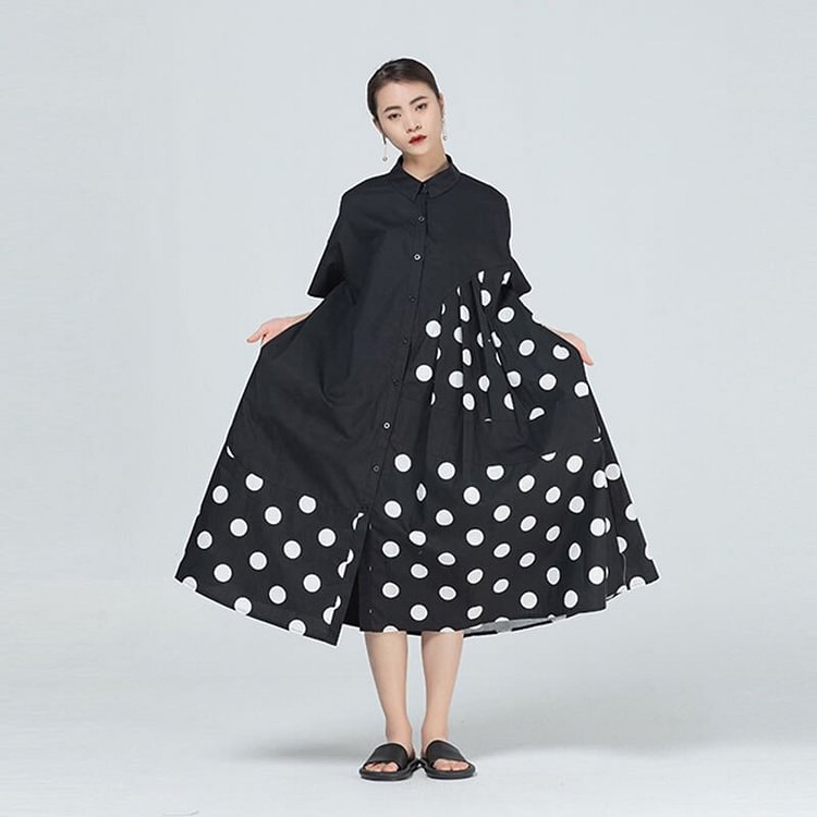 Fashion Turn-down Collar Asymmetrical Dot Printed Pleated Short Sleeve Shirt Dress 