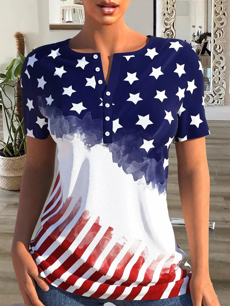 American Flag Fourth of July Button Front Henley Shirt