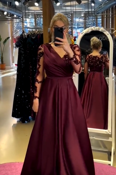 Daisda Simple Burgundy V Neck Long Sleeves Embroidered Long Pleated Prom Dress 