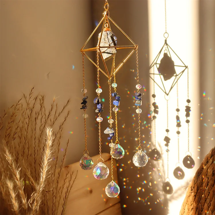 Crystal Wind Chimes Natural Stone Prism Light Catcher Decor (Dark Blue)
