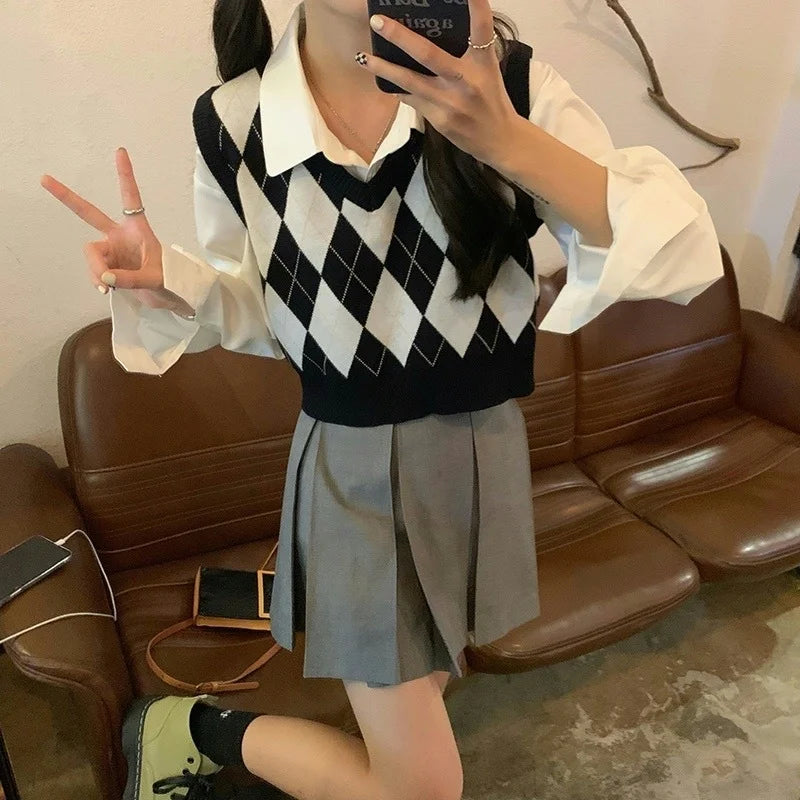 Autumn Fashion Female Vintage Plaid Sweater Vests Women's Tank Tops Knitted Crop Top Women Sleeveless Knitted Vest Waistcoat Aiertu
