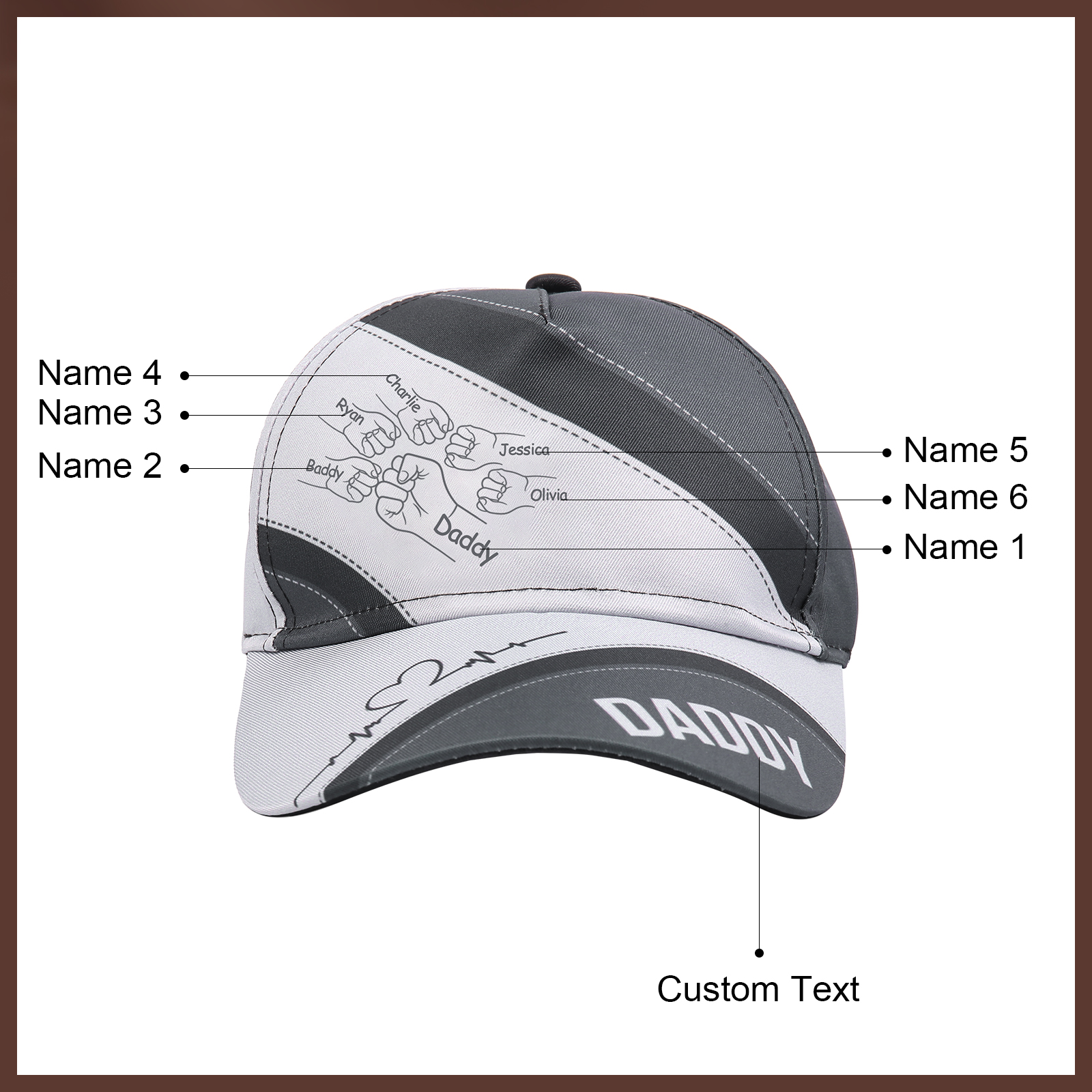 Personalised Fist Bump Classical Baseball Cap Custom 6 Names & 1 Text Snapback Adjustable Gift for Dad/Grandpa/Husband-Jessemade AU